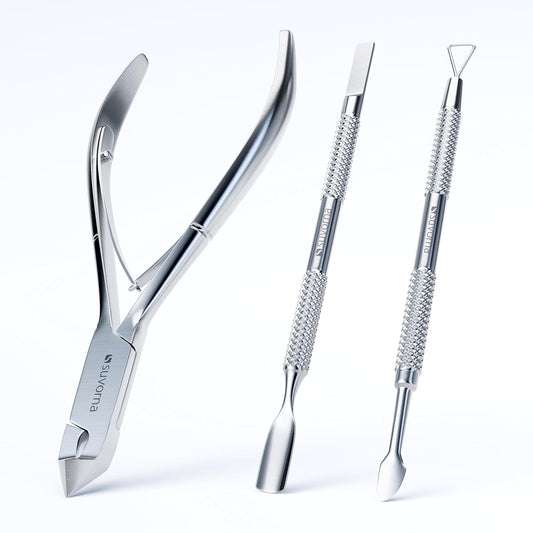 Cuticle Nippers with Cuticle Pusher, Nail Scraper and Gel Remover – Professional Stainless Steel Cuticle Trimmer Set for Manicure - Cuticle Set for Fingernails and Dead Skin (Silver, 3 PCS)