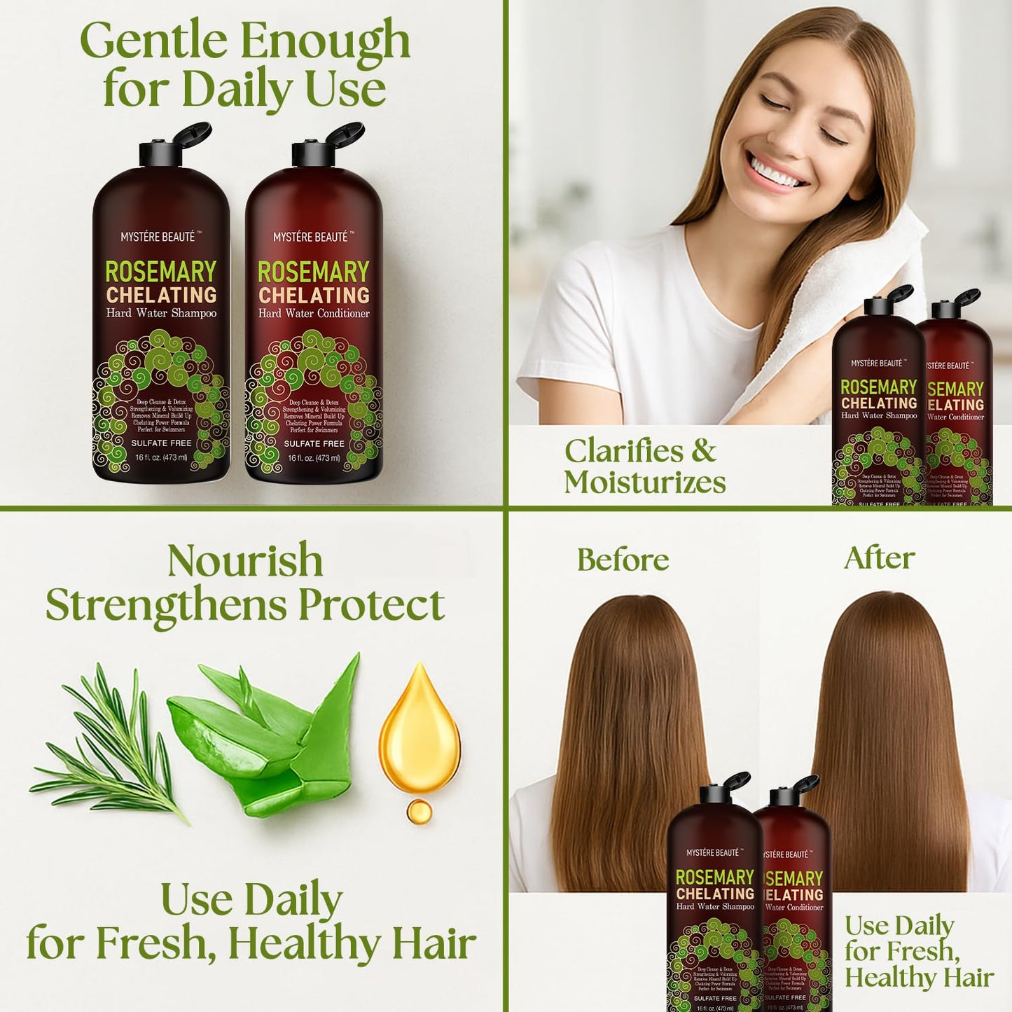 MYSTÈRE BEAUTÉ Rosemary Chelating Shampoo and Conditioner Set – Sulfate Free Hard Water Hair Care with Biotin, Keratin & Tea Tree – Clarifying & Strengthening Duo for Hair Growth – 16 oz Each