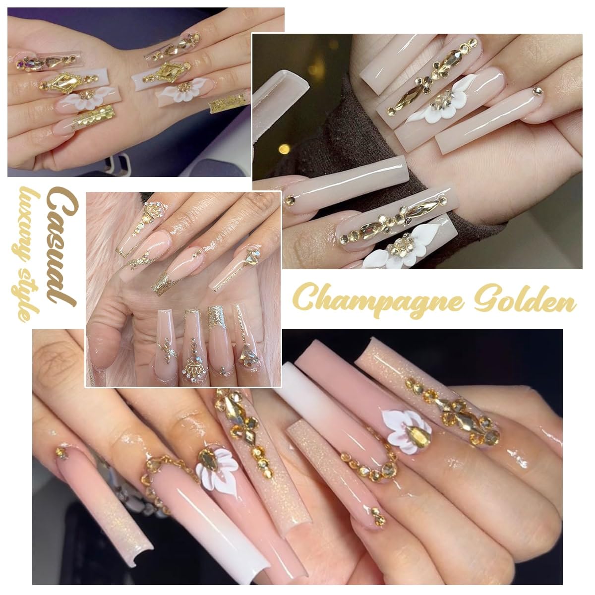 24 Styles Champagne Gold Nail Rhinestones Multi Shapes K9 Glass Flatback Crystals Gems Round Beads Stones Diamonds Jewels Nail Art Charms Supplies for Nails Face Eyes Makeup Crafts Clothes