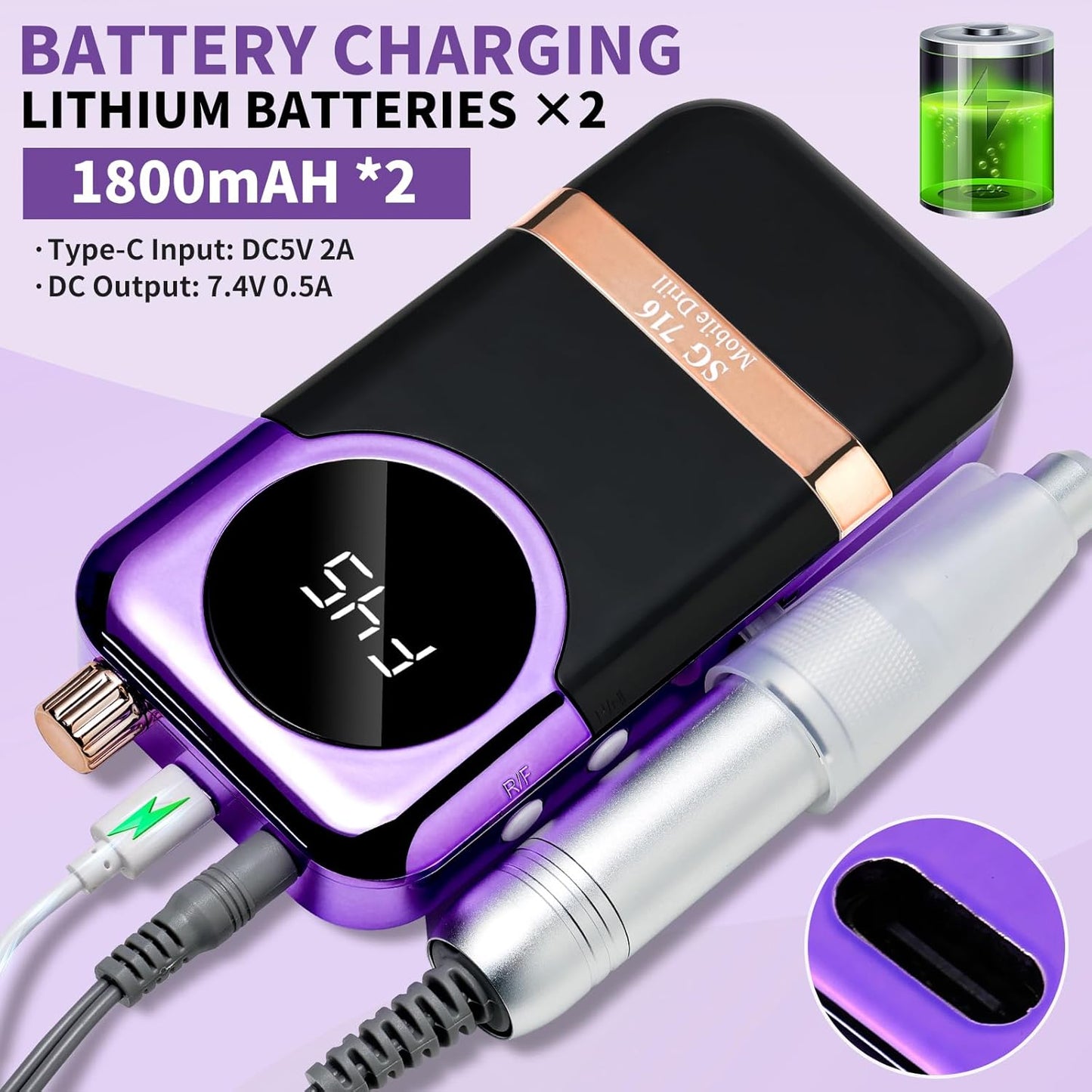 Electric Nail Drill Professional Kit - 45000RPM Electric Nail File Efile Portable Nail Drill Cordless with Bits & Base,E File Machine Nail Grinder for Women (Purple)