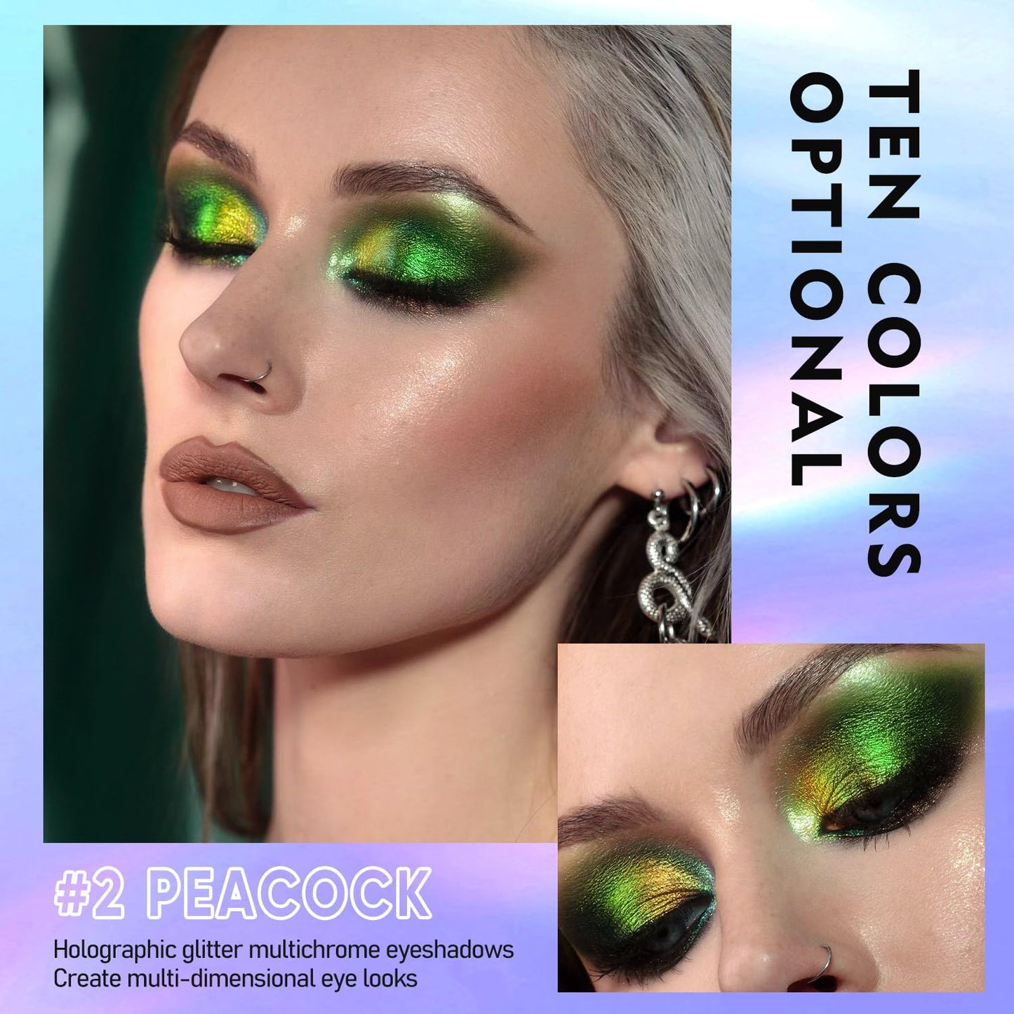 MAKI YIKA Glitter Eyeshadow Green Liquid Multichrome Eyeshadows Long Lasting Metallic Chameleon Eye Shadow Holographic Eye Topper Glitters (#2 Peacock)