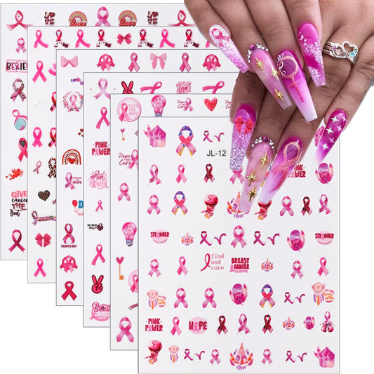 Breast Cancer Nail Art Stickers Pink Ribbon Nail Decals 3D Love Heart Bow Self-Adhesive Nail Design Sticker Breast Cancer Awareness Nail Art Supplies Sticker for Women DIY Manicure Decor Tips 6Sheets