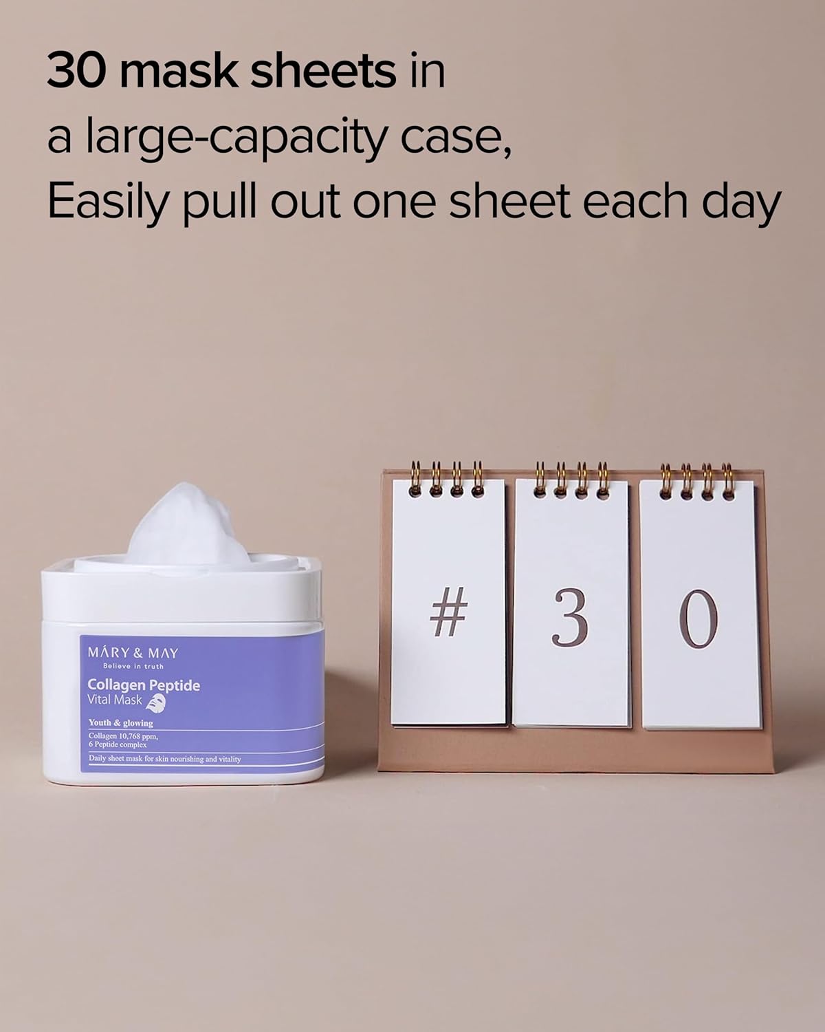 Mary&May Collagen Peptide Vital Mask | 30 Sheets | Daily Korean Face Mask | Firming & Wrinkle Care | Pore Minimizing & Elasticity Boost | Collagen & 6 Peptides for Glass Skin