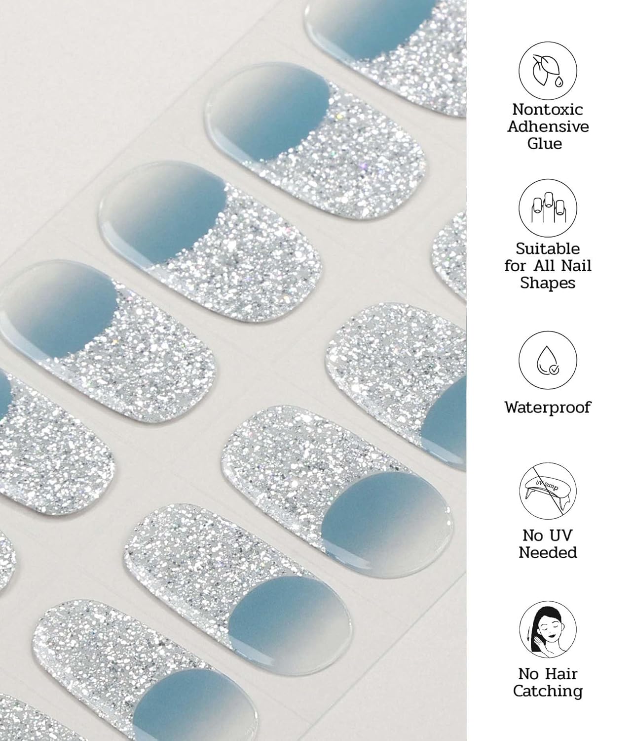 Nail Polish Strips - 22 Pcs Salon Quality Gel Nail Stickers - Long Lasting Wraps (Falling of Tide Blue)