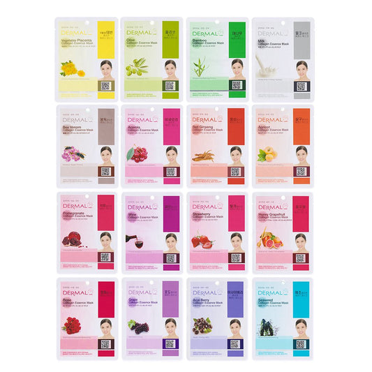 DERMAL Korean Collagen Face Mask – Hydrating & Soothing Sheet Mask with Panthenol – Hypoallergenic Calming Moisture Care for All Skin Types – 16 Combo Pack B