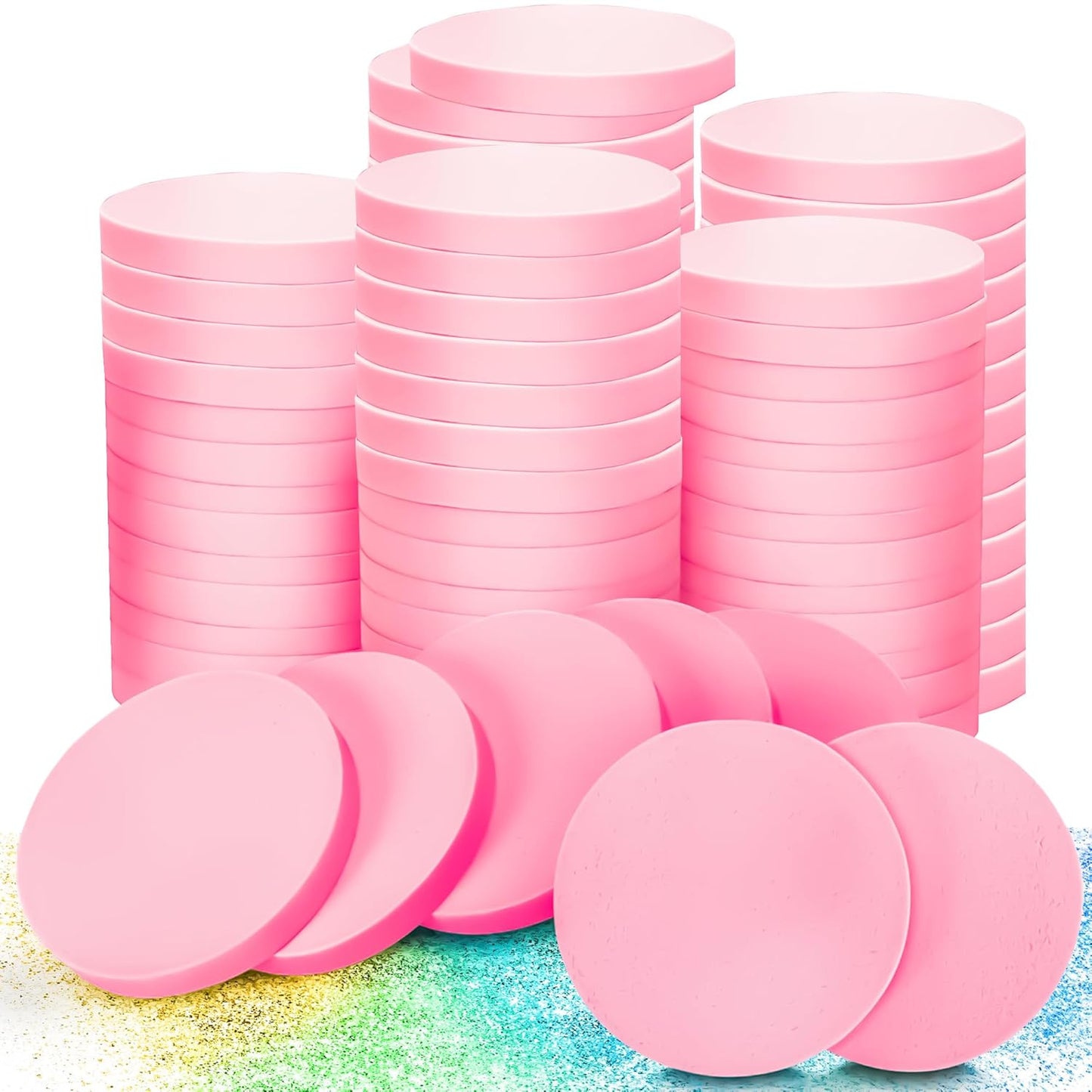 MotBach 60 PCS Pink Round Makeup Sponge, Cosmetic Sponge Round Foam Pad Eye Facial Powder Puff, Beauty Makeup Foundation Powder Blender for Women Lady All Skin Types Wet and Dry Dual Use