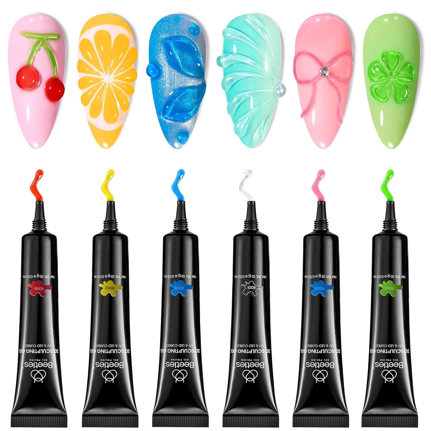 Beetles Sculpting Gel 3D Gel for Nail Art - 6 Colors No Wipe Nail Polish Rhinestone Nail Art Glue for Drawing Molding Sculpture Jewelry Decoration Manicure DIY Design