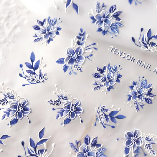 5D Embossed Flowers Nail Stickers for Nail Art Self Adhesive Blue White Flowers Nail Decals Spring Summer Nail Art Stickers Decoration Accessories for Women and Girls