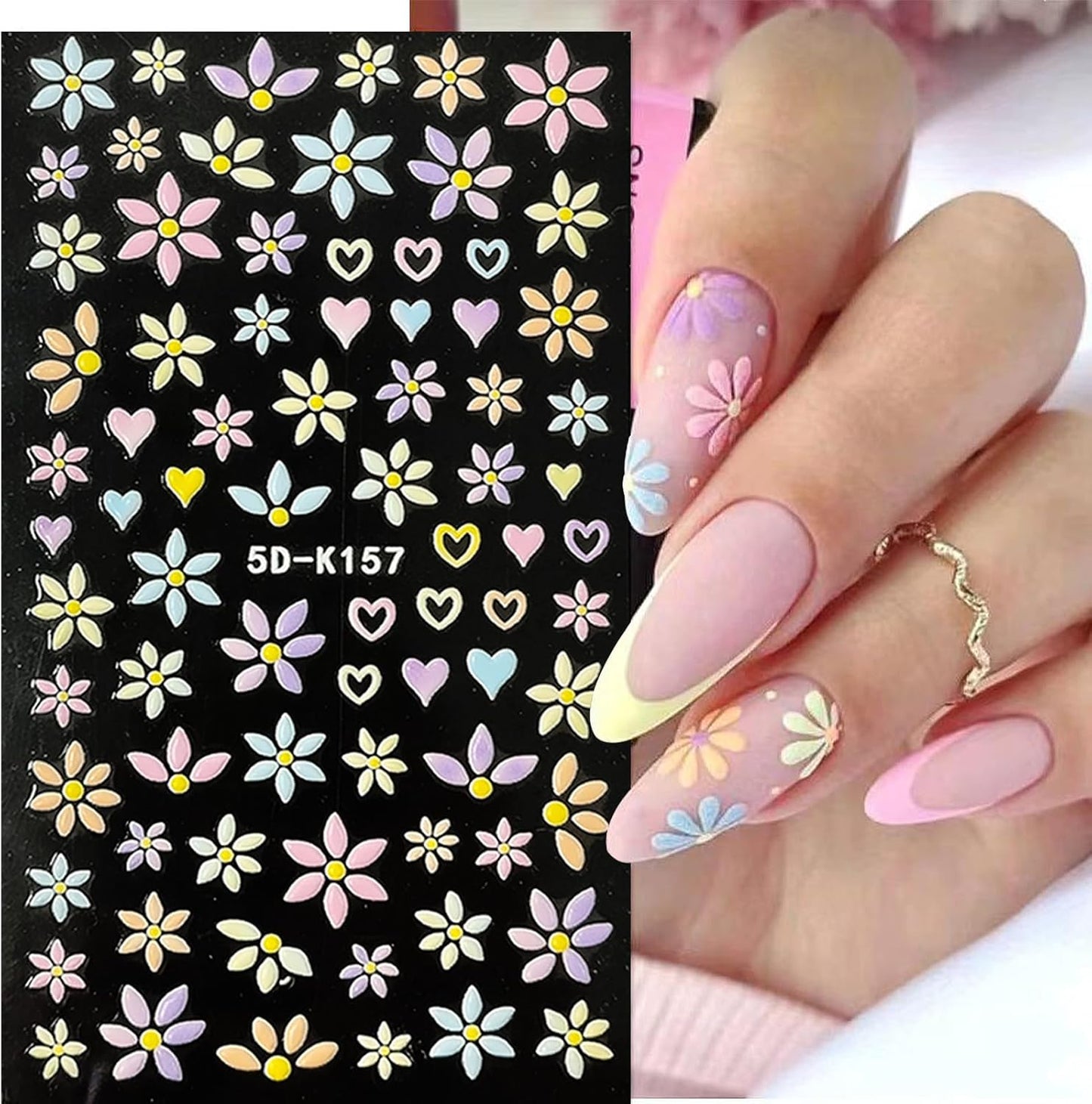 Nail Art Stickers Decals 5D Embossed Flower Nail Decals Self Adhesive Spring Summer Heart Daisy Nail Supplies 3D Nail Design for Women Nail Decoration Colorful Flower Nail Stickers