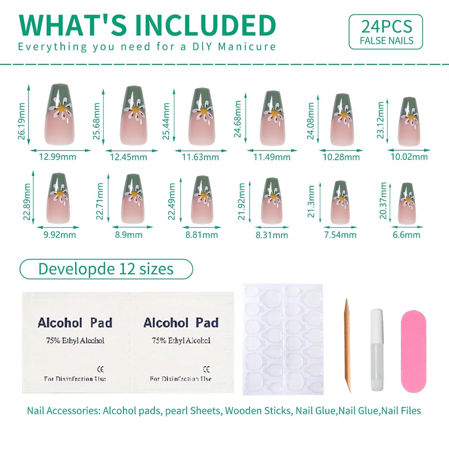 French Short Press On Nails coffin, Nude Fake Nails with Green French Tip and Graceful White Floral Petal Design, Glossy Gel Finish Acrylic Nails, Natural Reusable Glue On Nails Kit for Women, 24 Pcs