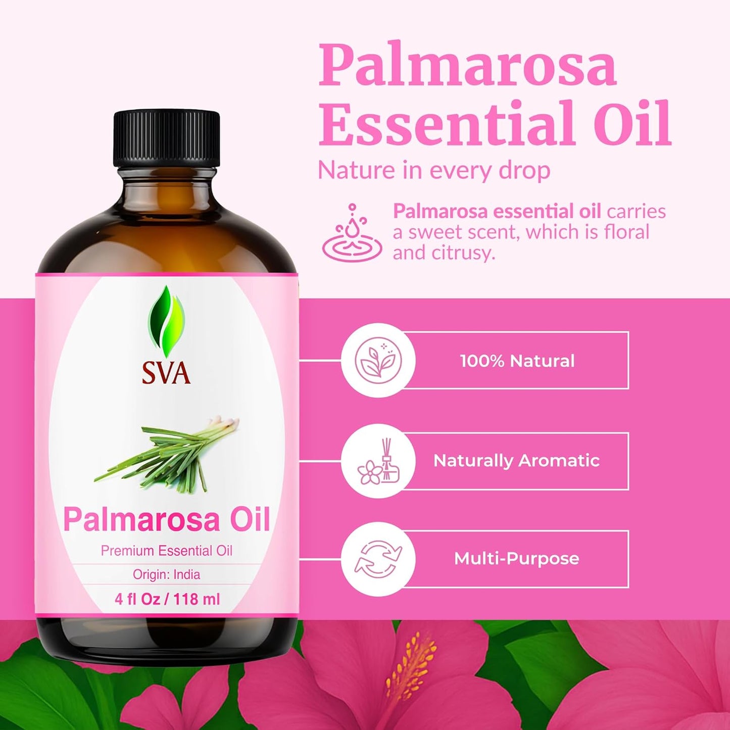 SVA Palmarosa Essential Oil – 4 Fl Oz – 100% Natural Palmarosa Oil - for Diffuser, Hair Care, Face, Skin Care, Aromatherapy, Scalp and Body Massage, Soap and Candle Making – with Dropper