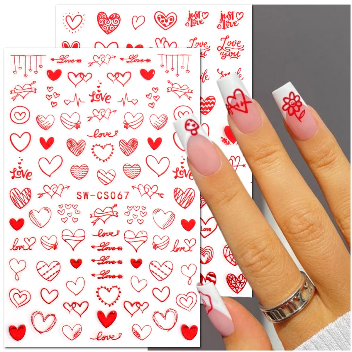 8 Sheets Valentines Nail Stickers Decal 3D Self-Adhesive Romantic Red Heart Nail Art Stickers Love Hearts Nail Design Acrylic Nail Art Supplies Valentines Day Nail Decals for Women DIY Nail Decoration