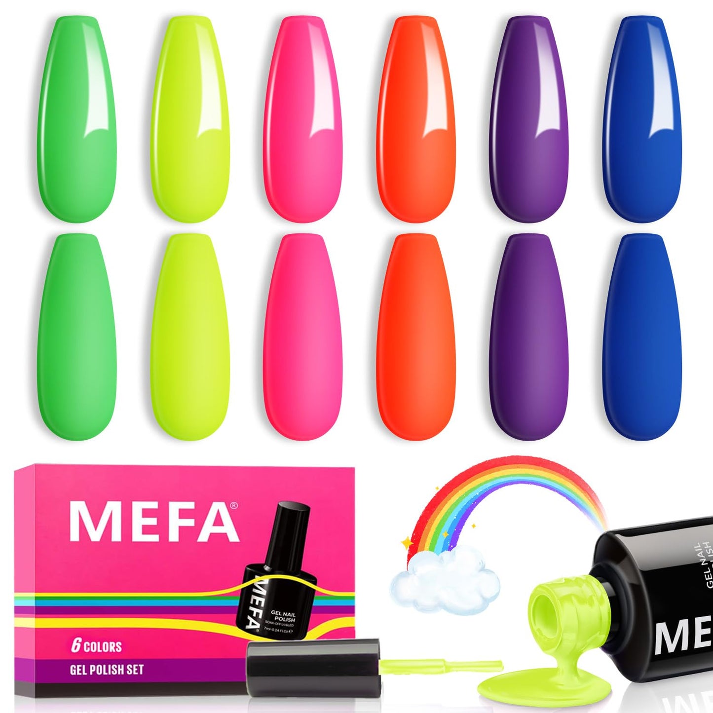 MEFA Neon Gel Nail Polish Set 6 Colors, Summer Neon Green Lime Yellow Pink Navy Blue Purple Orange Bright Vibrant Pride Month Soak Off Nail Art Design Manicure DIY at Home Salon Gifts for Women Girls