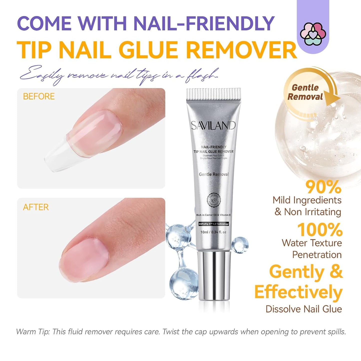 SAVILAND 10g Semi Solid Nail Glue Gel with 10ml Quick Remover for Press On Nails Tips No U V Lamp Needed 30-Day Long-Lasting Fast Removal No Curing Home Professional Nail Art Tools SSProTip X