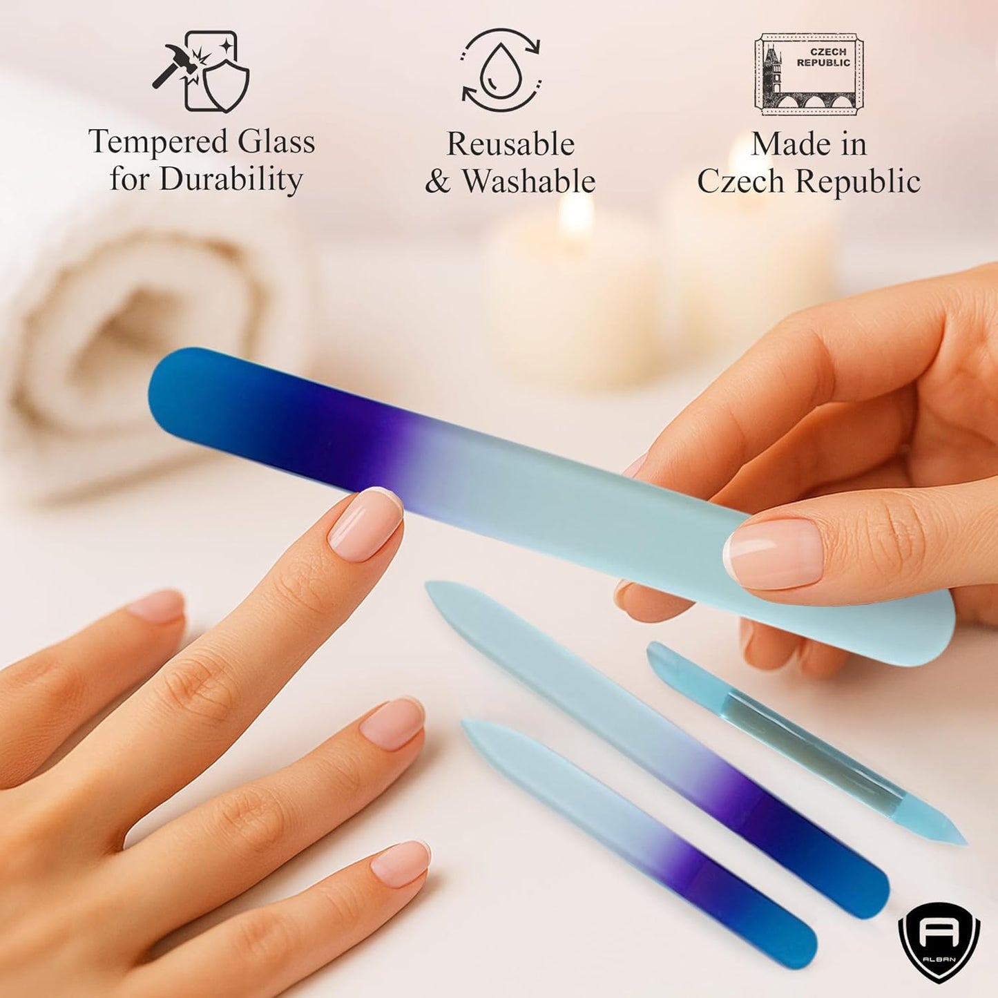 Alban Czech Glass Nail File Set with Manicure Stick & Vegan Leather Cosmetic Case (Royal Blue & Purple Nail Files, Light Blue Manicure Stick & Cosmetic Case)