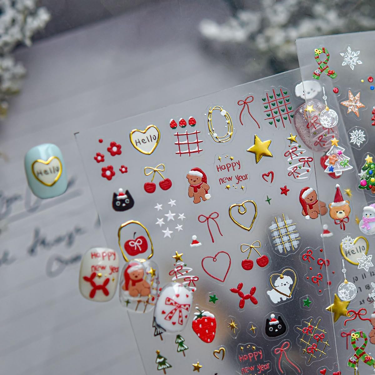 Bear Nail Stickers Christmas Nail Art Stickers Star Nail Decals with Red Gold Design 5d Embossed Self Adhesive Xmas Nails Charms for Women Girls Kid Manicure DIY Decoration