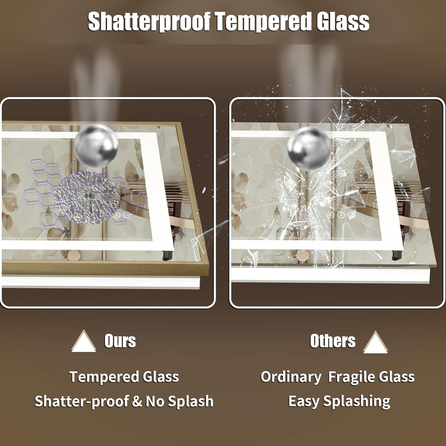 OKPAL 72x40 LED Bathroom Mirror Gold Metal Framed Front & Back Light, Lighted Bathroom Mirror with Lights, Anti-Fog, Dimmable, 3 Colors, Shatterproof, ETL Listed, Horizontal/Vertical