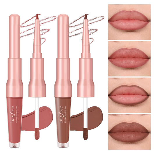 2 PCS Lip Liner and Lip Stain Combo Set, High Pigmented Long Lasting Velvet Lip Tint, Well-Defined Lipliner, Weightless Waterproof Not Animal Tested, Matte Finish Makeup