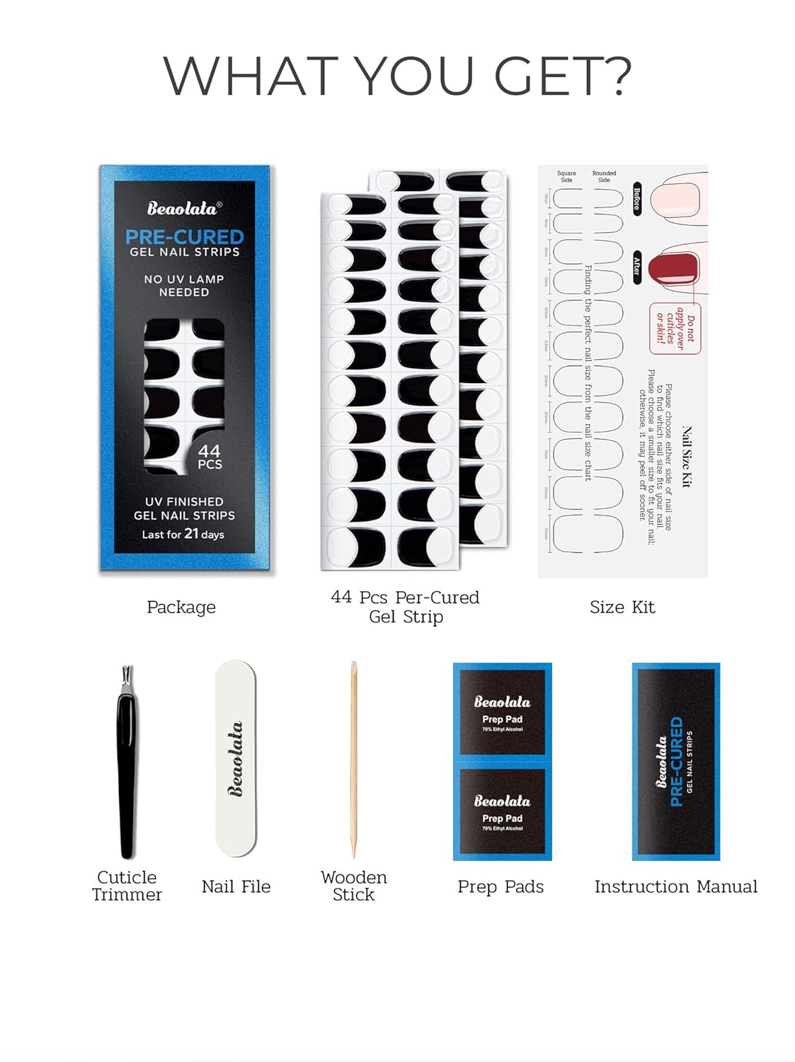 Pre Cured Gel Nail Strips - 44PCS Salon Quality Gel Nail Stickers - Long Lasting Polish Wraps for Women no UV Light Needed Easy Apply& Remove (Timeless Black)