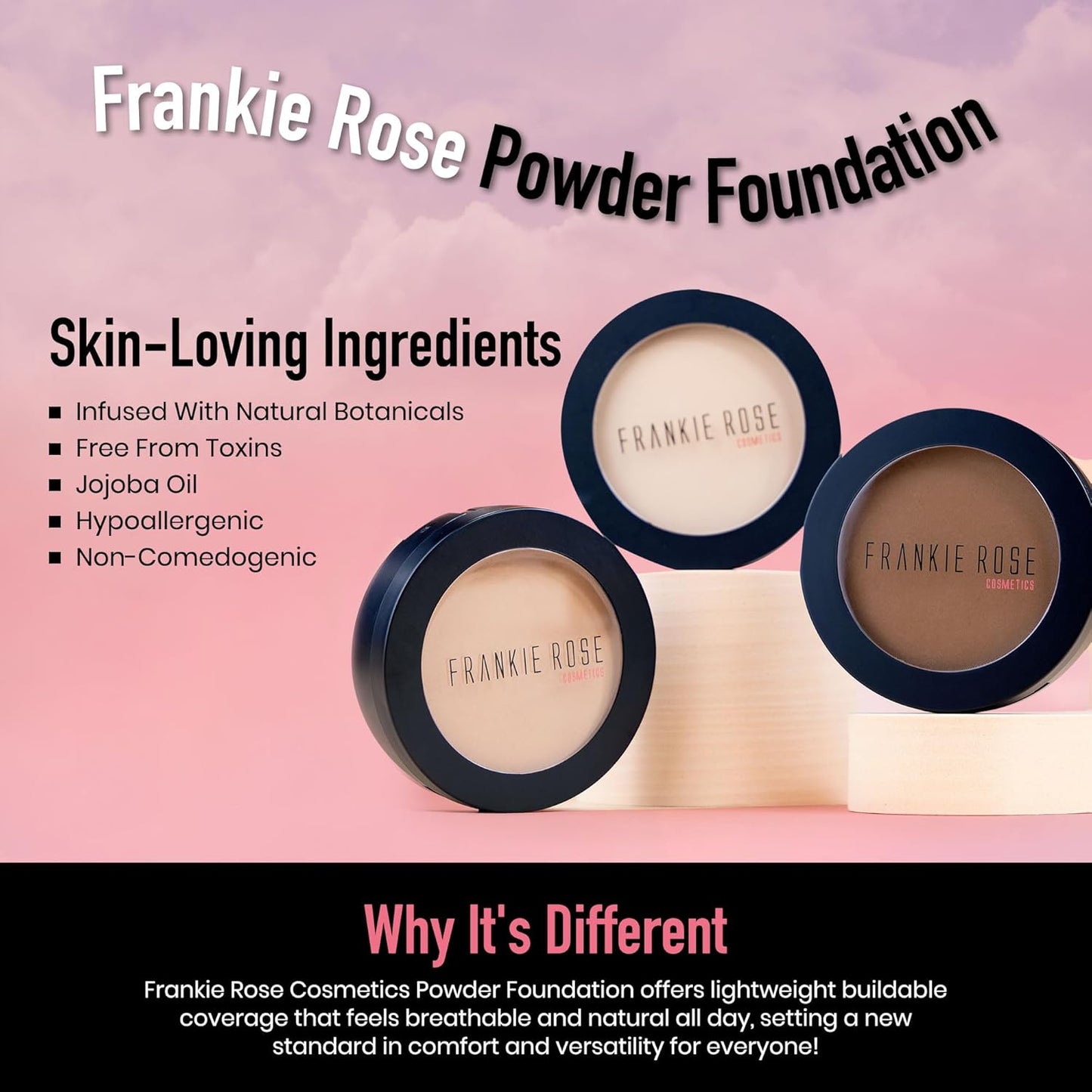Frankie Rose Cosmetics Powder Foundation – Full Coverage Face Powder For Pores & Imperfections, Evens Out Skin Tone & Shine-Control | 58 Grams (Buff)