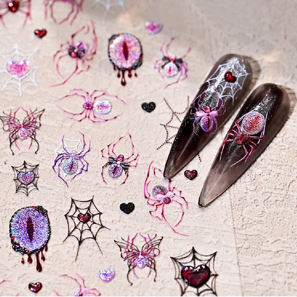 Halloween Nail Stickers 3D Self-Adhesive Goth Nail Art Stickers Pink Spider Web Spider Heart Glitter Design Halloween Acrylic Nail Art Decoration Cute Horror Nail Decals for Women Acrylic Nails DIY
