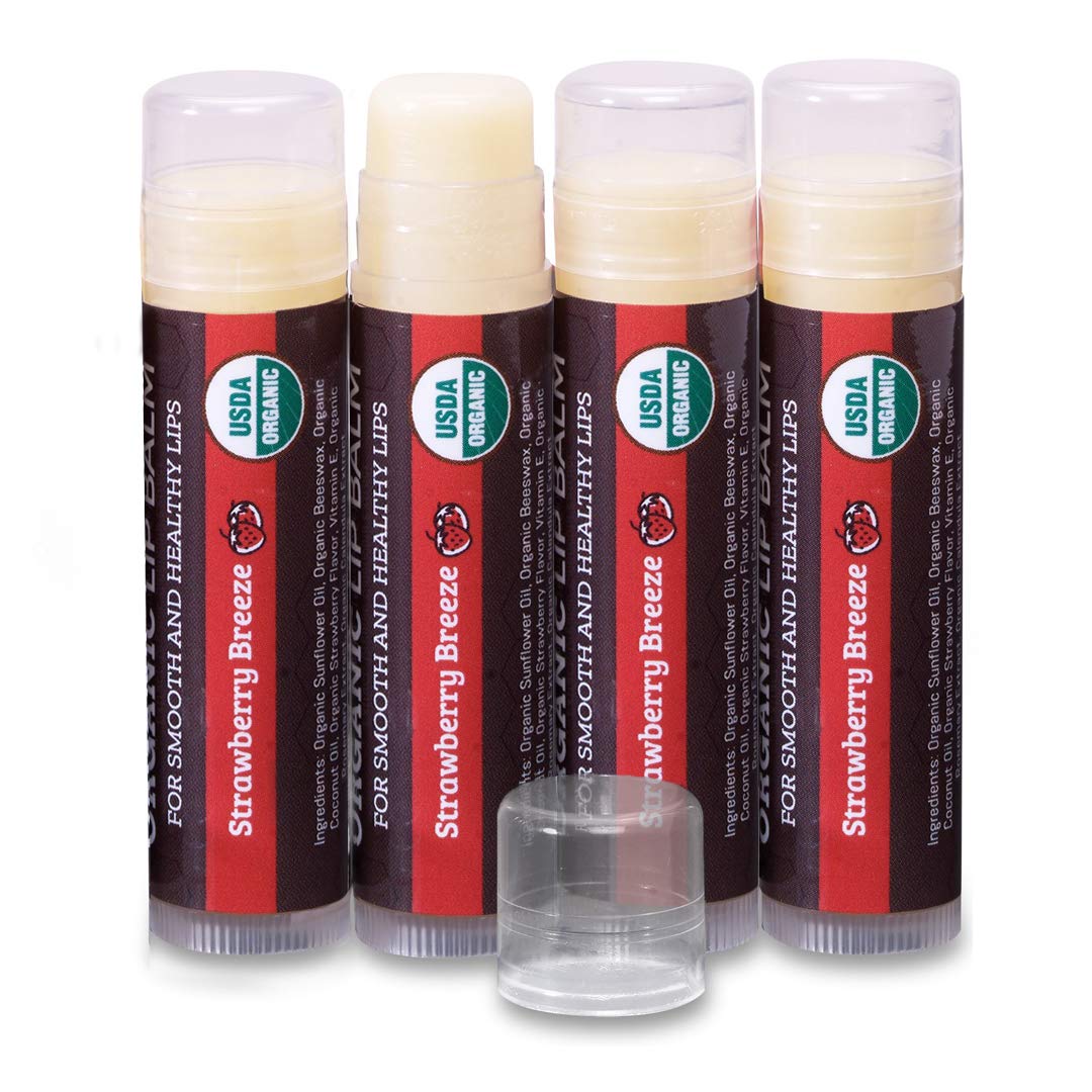 Earth's Daughter USDA Organic Lip Balm 4-Pack Strawberry flavor - Beeswax, Coconut Oil, Vitamin E - Best Lip Repair Chapstick for Dry Cracked Lips.