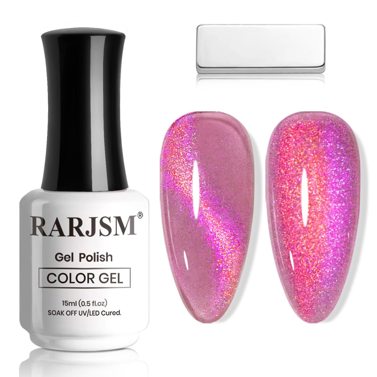 RARJSM Rose Pink Aurora Cat Eye Gel Nail Polish Multichrome Color Glitter Fuchsia Candy Glass Diamond Cat Eye Gel Polish with Magnet Stick Soak off UV LED Curing Requires Home Salon Diy Nail Art