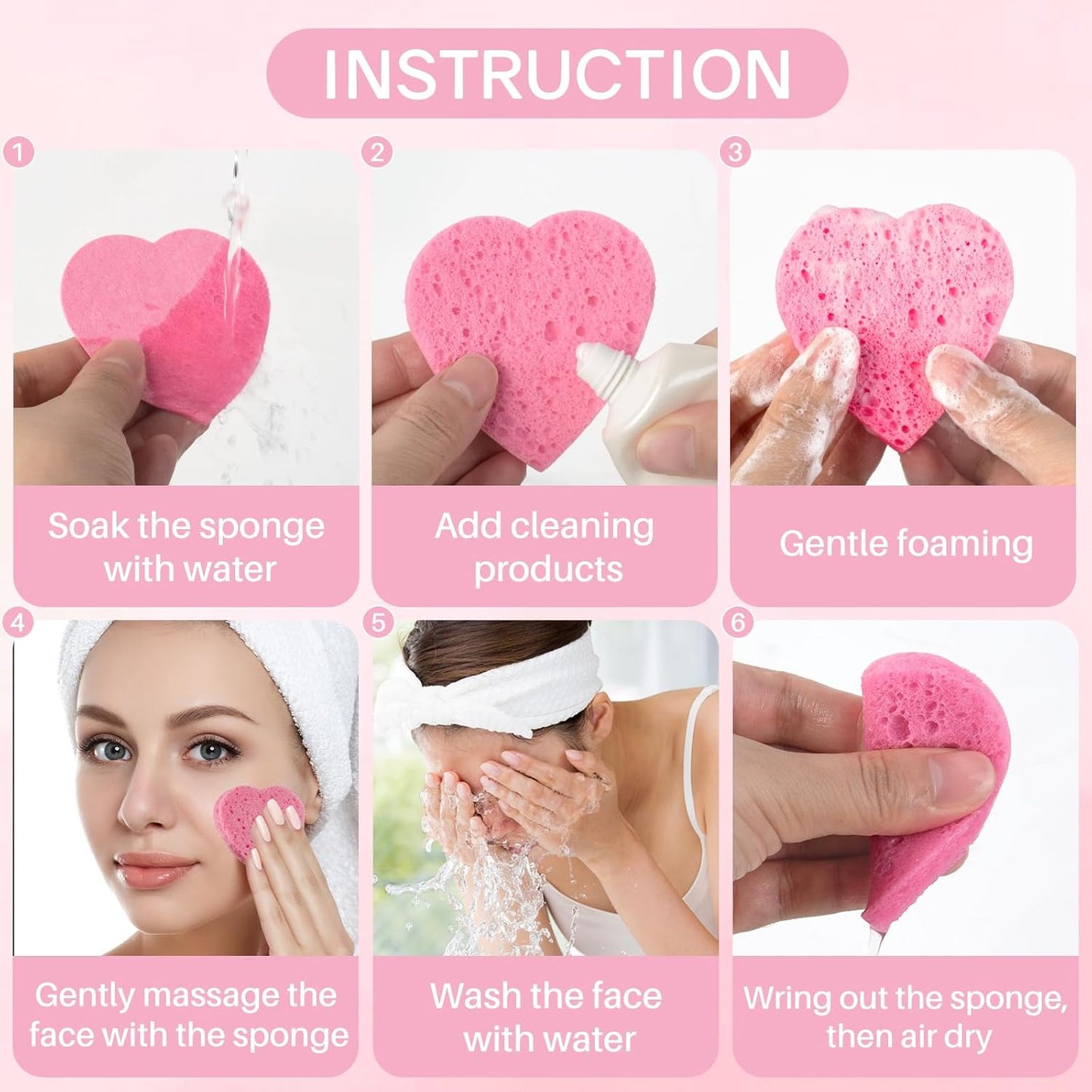 50-Count Heart Shape Compressed Facial Sponges,100% Natural Cellulose Face Sponge Spa Sponges for Removing Dead Skin, Dirt and Makeup(Pink)