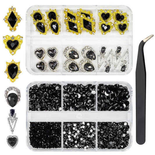 24pcs Black Luxury Nail Charms +2000pcs Jet Black Rhinestones 3D Big Nail Gems K9 Glass Nail Crystals Diamonds Jewelry Stones Alloy Nail Art Studs Decor Supplies Heart Charms for Arylic Nails Crafts