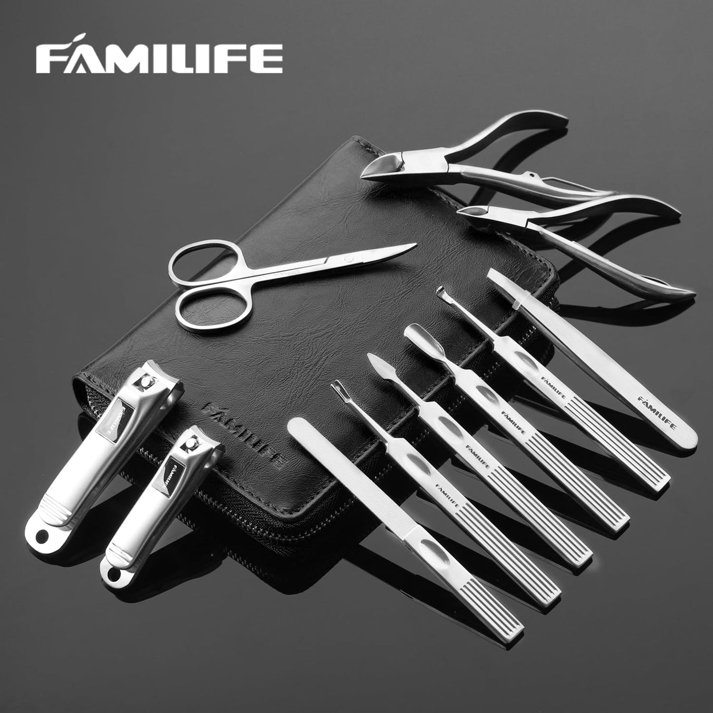 Manicure Kit, FAMILIFE Professional Manicure Set Nail Kit, 11 in 1 Stainless Steel Nail Clippers Set for Men Pedicure Kit, Men Grooming Kit with Portable Black Leather Travel Case Luxury Gifts for Him