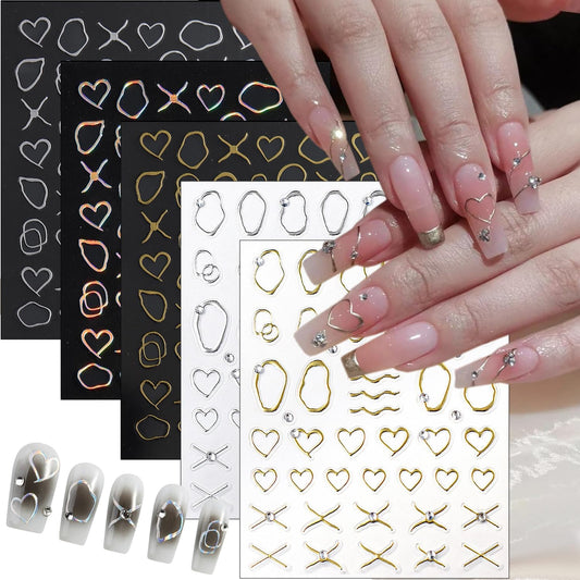 Simple French Nails Art Stickers Heart Lines Nail Decals 3D Self Adhesive Hollow Geometric Frame Nail Stickers with Diamond Design Stripe Nail Supplies Bronzing French Decoration for Women 5Pcs