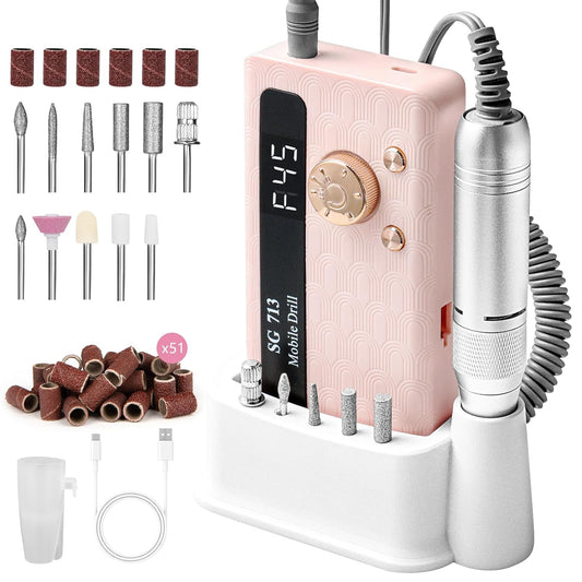 Electric Nail File Professional Kit - 45000RPM Portable Nail Drill Electric File with 11 Bits & Base丨LED Screen丨Ultra-Silent, Rechargeable Nail Drills Machine for Acrylic Nails Gel Polishing (Pink)