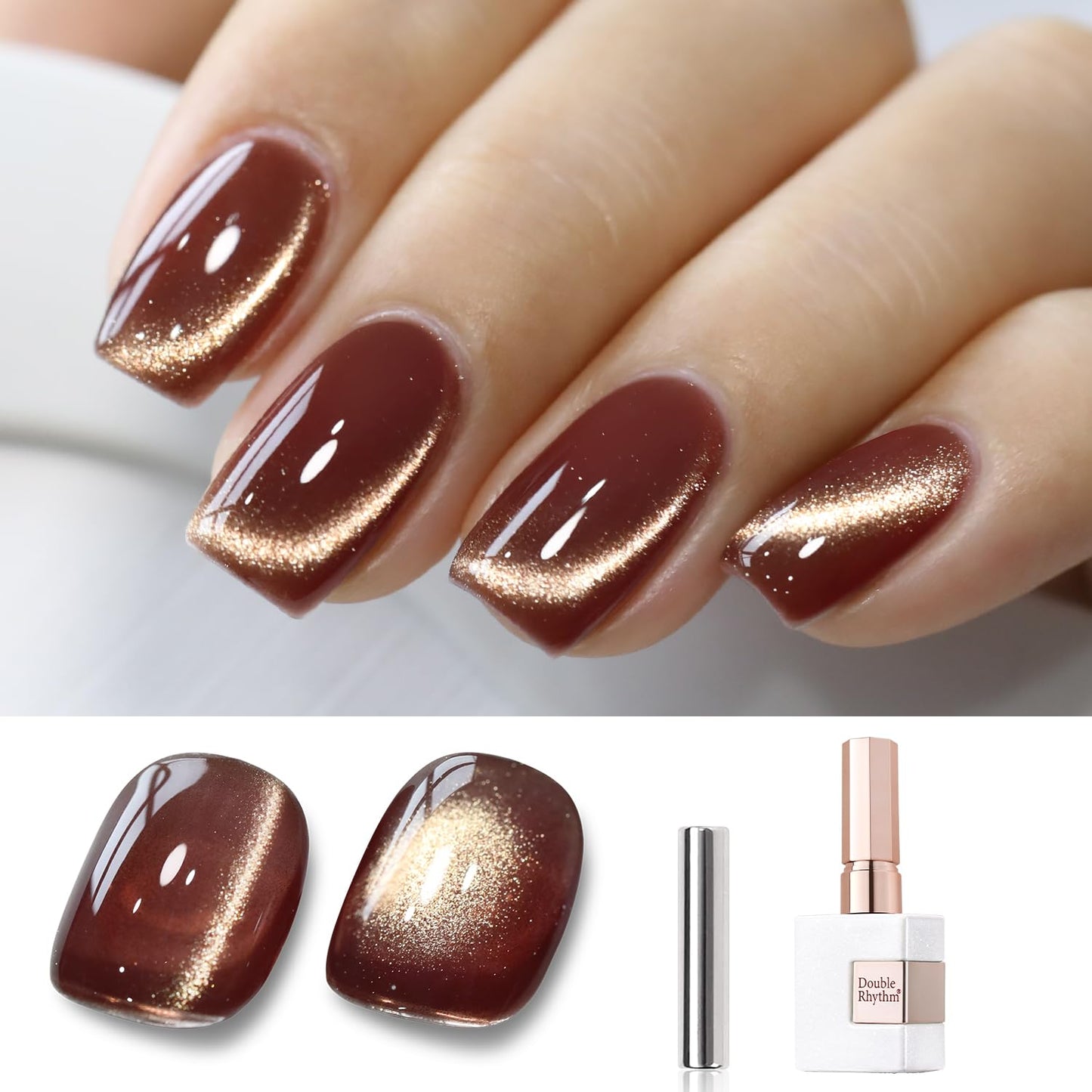Double Rhythm 15ML Ice Glass Cat Eye Gel Polish with Magnet Holographic Glitter Shimmer Translucent Sheer Color Salon Soak Off Magnetic Nail at Home (Coffee Brown-MC1126)