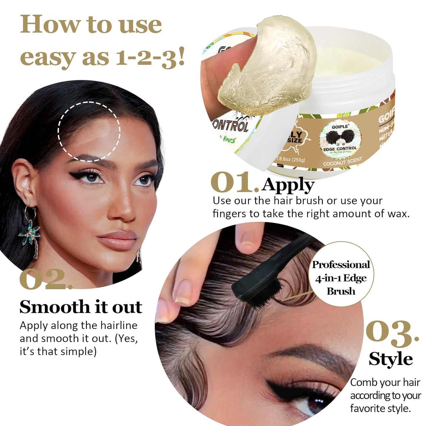 8.8 OZ Edge Control Wax for Women Strong Hold Non-greasy Edge Control Smoother Edge Wax, Edge Wax Styling Gel Edge Control for Black Hair No Flaking, Strong Hold Water-based Edge Stay Gel Coconut