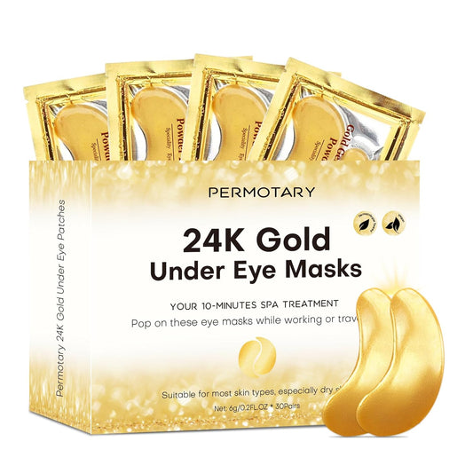 Permotary 30 Pairs 24K Gold Gel Crystal Collagen Eye Pads, Under Eye Mask for Moisturizing,Fine Lines, Dark Circles& Puffy Eyes Under Eye Patches, Gold