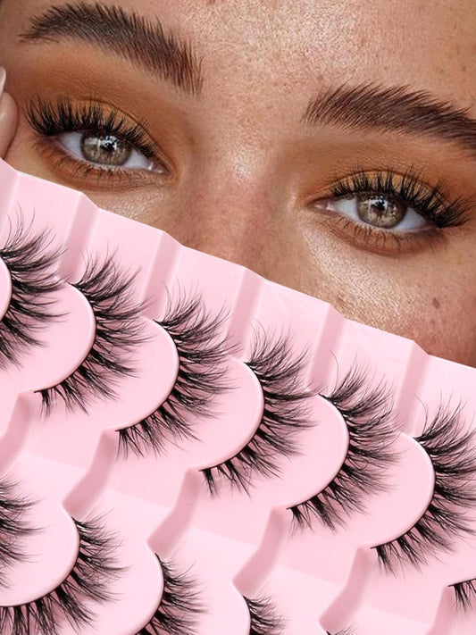 Lashes Natural Cat Eye Lashes Wispy Eyelashes 15mm False Eyelashes Wispy Lashes 3D Volume Strip Eyelashes Thin Cotton Band Soft Fake Eyelashes False Lashes Pack 7 Pairs Siligli