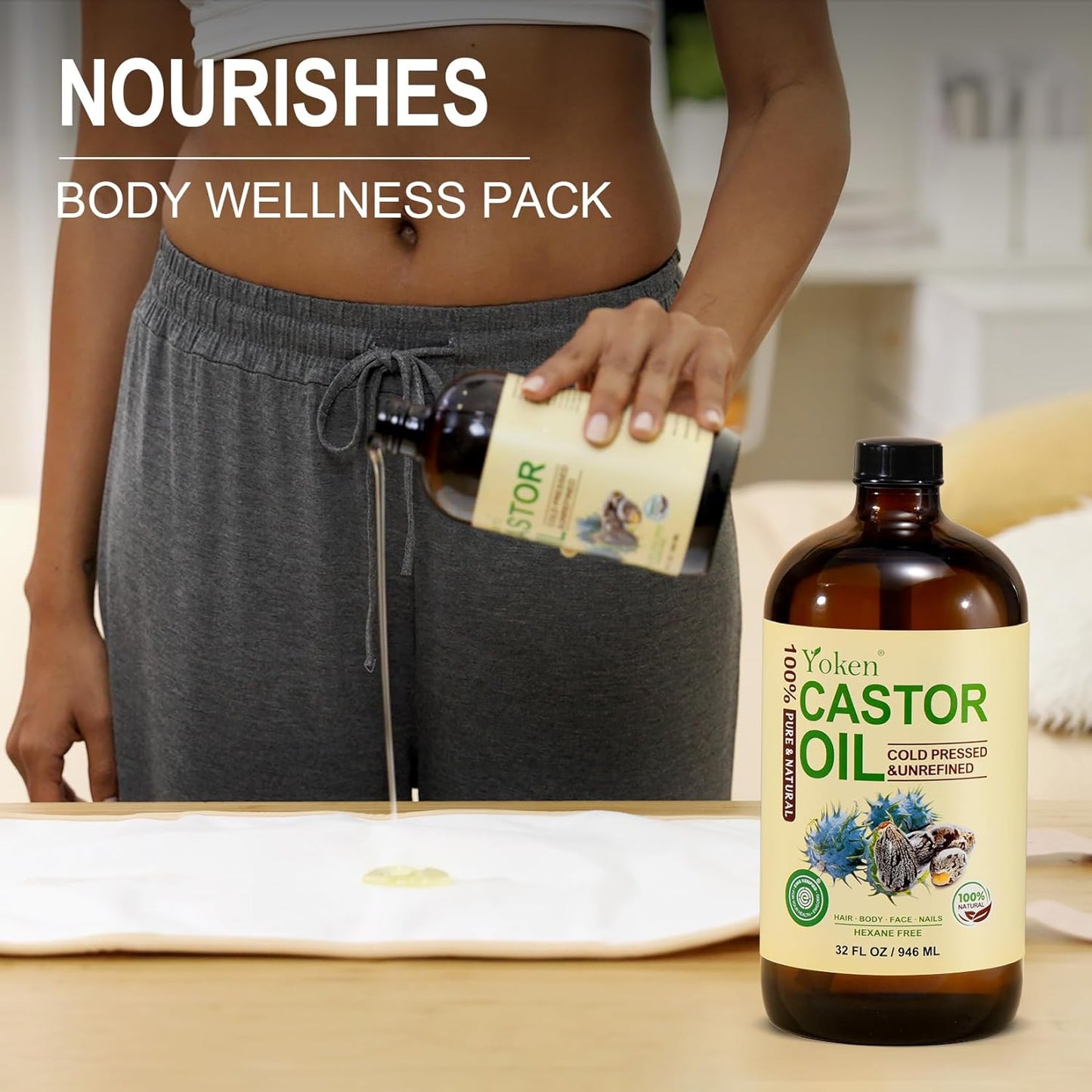 Yoken EWG Verified Castor Oil Glass Bottle 32 fl oz (with Pump) 100% Pure Castor Oil for Skin Face Hair, Cold Press, Hexane Free, Unrefined Caster oil for Pack Wrap Deep Nourish Body