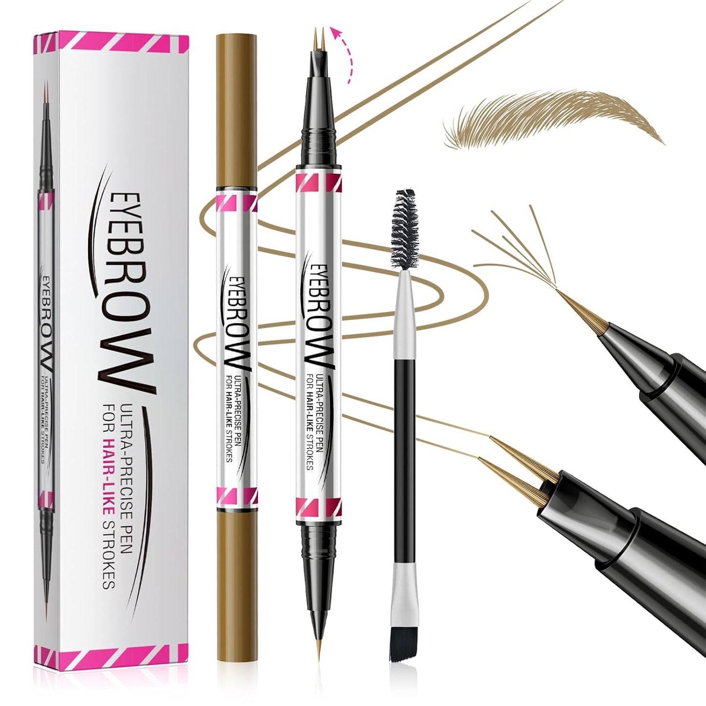 Microblading Eyebrow Pencils for Women - Eyebrow Pen 2-in-1 Dual-Ended Eye Brow Pencil with Precise 2-Fork-Tip & Brush-Tip Waterproof Eyebrow Pen for Hair-Like Brows, Last All Day, Light Brown