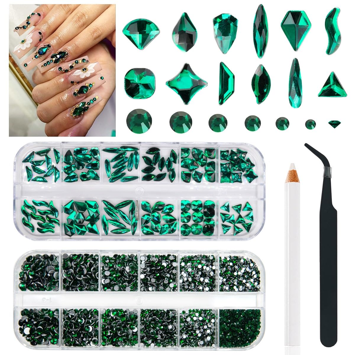 Emerald Green Nail Rhinestones Multi Shapes Flatback Green Crystals Gems Round Beads K9 Glass Stones Diamonds jewels Nail Art Supplies Nail Charms for Nails Faces Eyes Makeup Crafts DIY