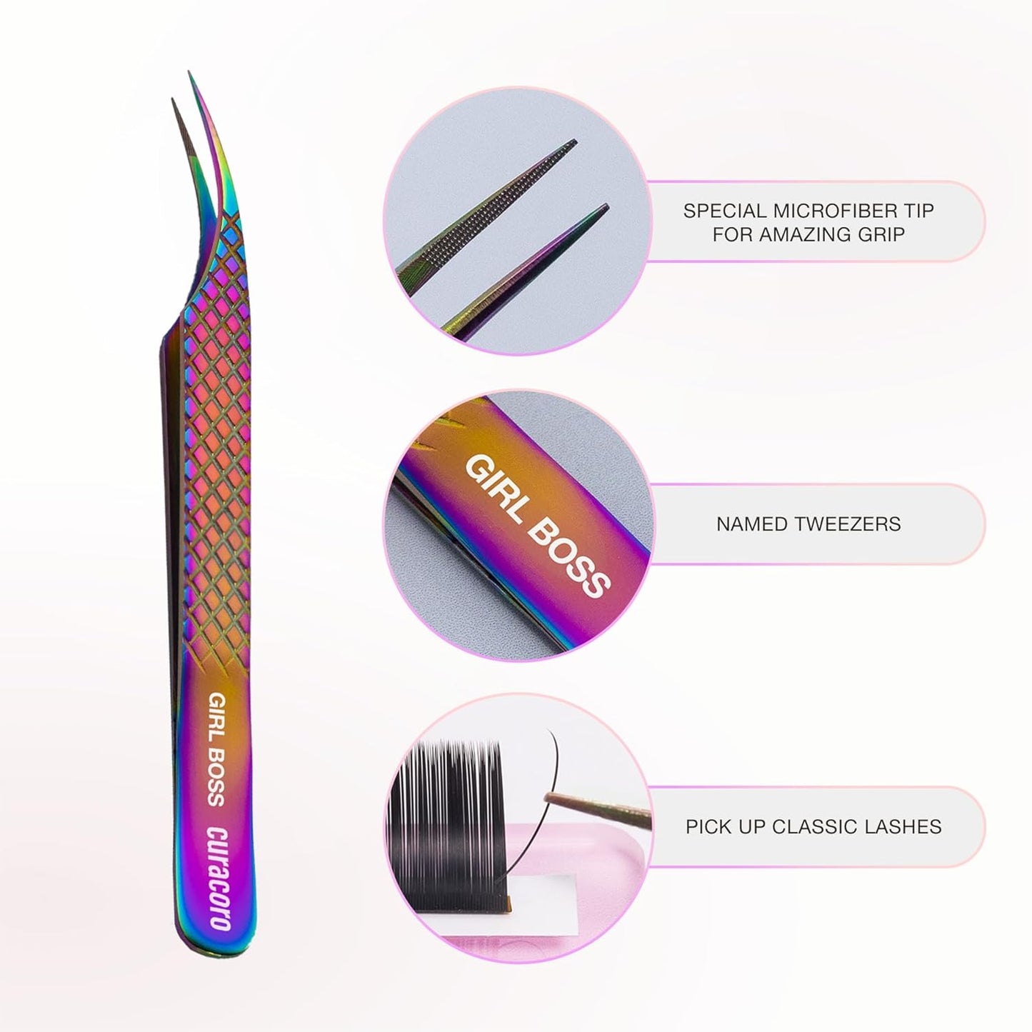 Curacoro Lash Tweezer - Professional & Precision Fiber Tip Grip Lash Tweezers for Eyelash Extensions, Multi Shapes & Purposes Tweezers for Volume, Isolation & Classic Lashes (Galaxy, Girl Boss)