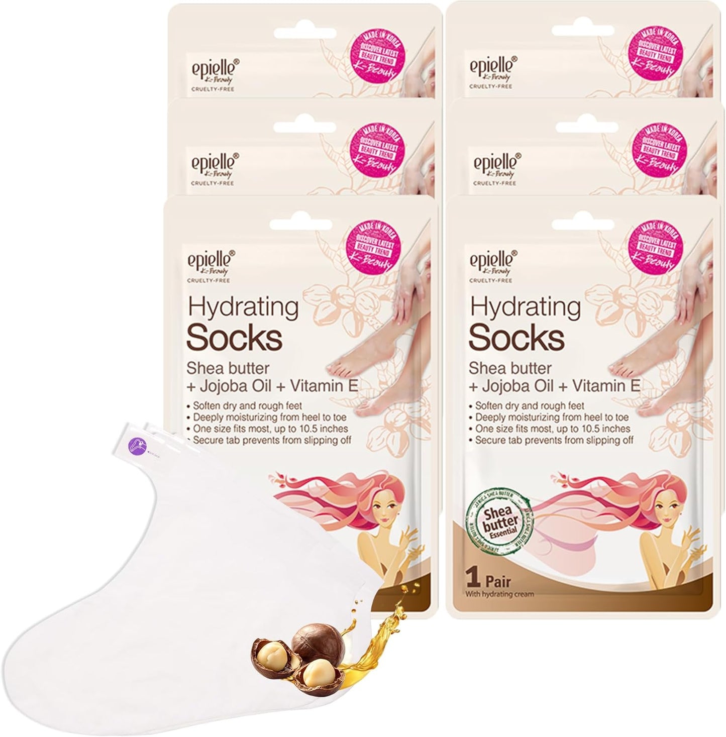 Epielle Hydrating Foot Masks 6 Pairs, Deep Moisturizing Socks for Dry Feet & Cracked Heels, Relieve and Soften with Shea Butter & Jojoba Oil, Korean Skin Care, Spa Set, Self Care Gifts for Women