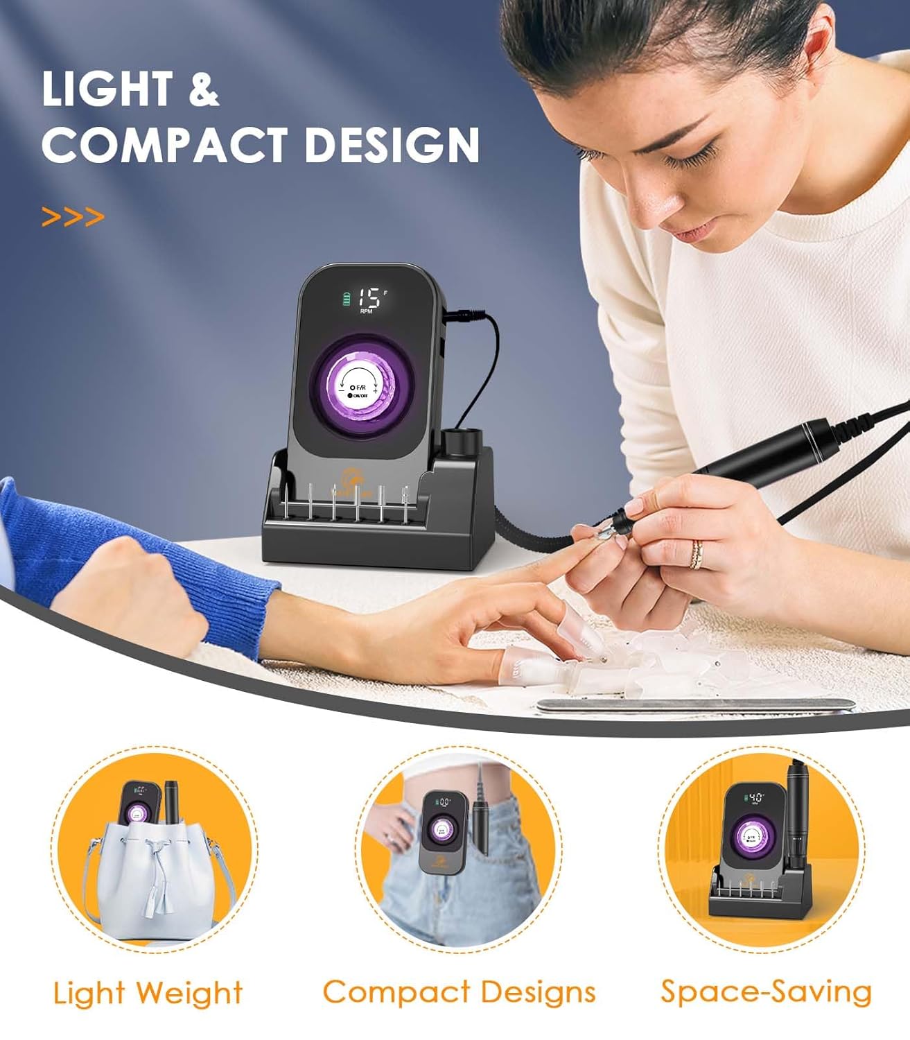 Portable Nail Drill Electric File: 40000RPM Professional Nail E-File for Acrylic Nails Remove Nail Gel Polish Manicure, Rechargeable Cordless Nail Drill Machine with Bits & Base for Salon Home, Black