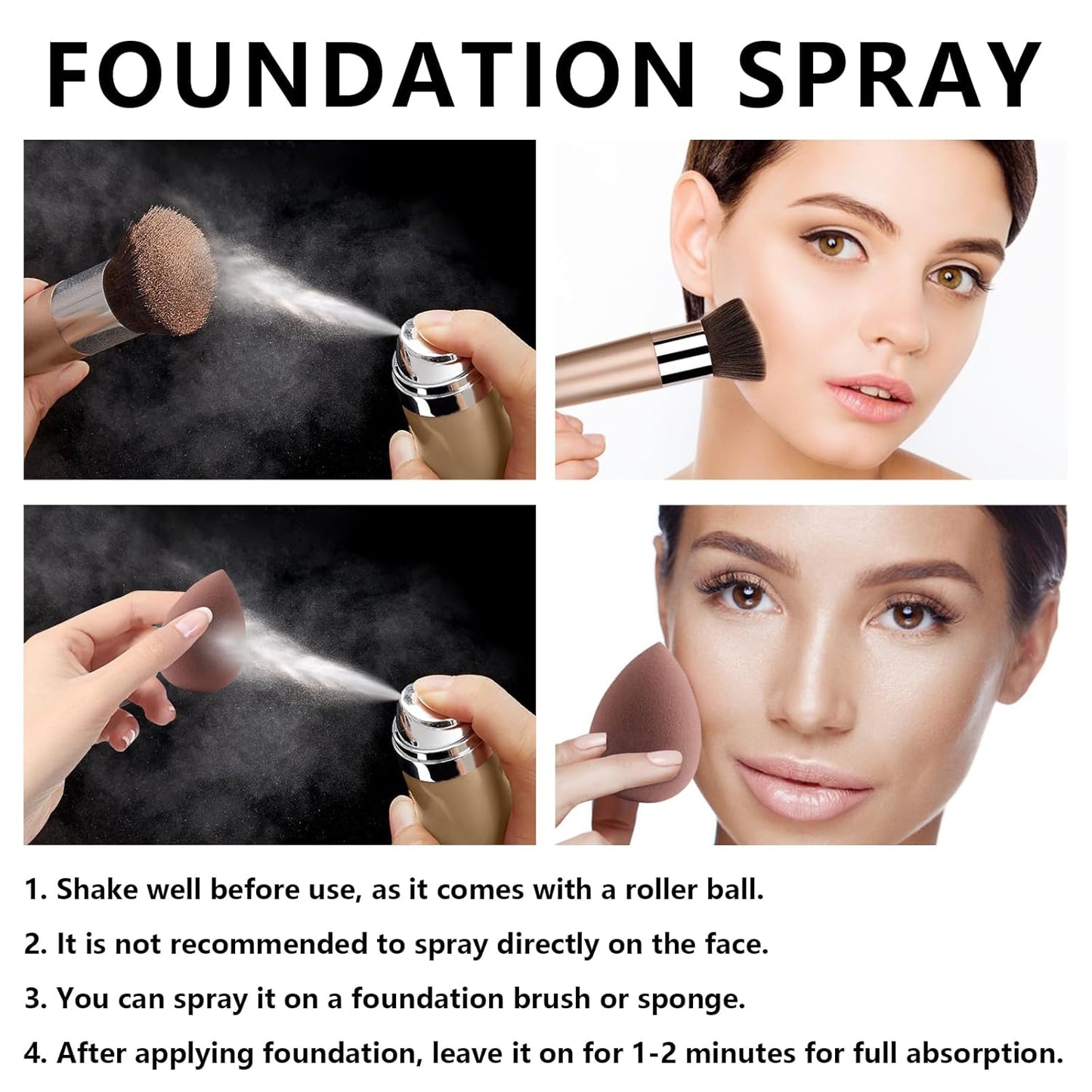 AirBrush Silky Mist Foundation Spray Makeup With Primer and Brush, Full Coverage Foundation for Smooth Radiant Finish, Breathable Lightweight Hydrating (#2 Beige)