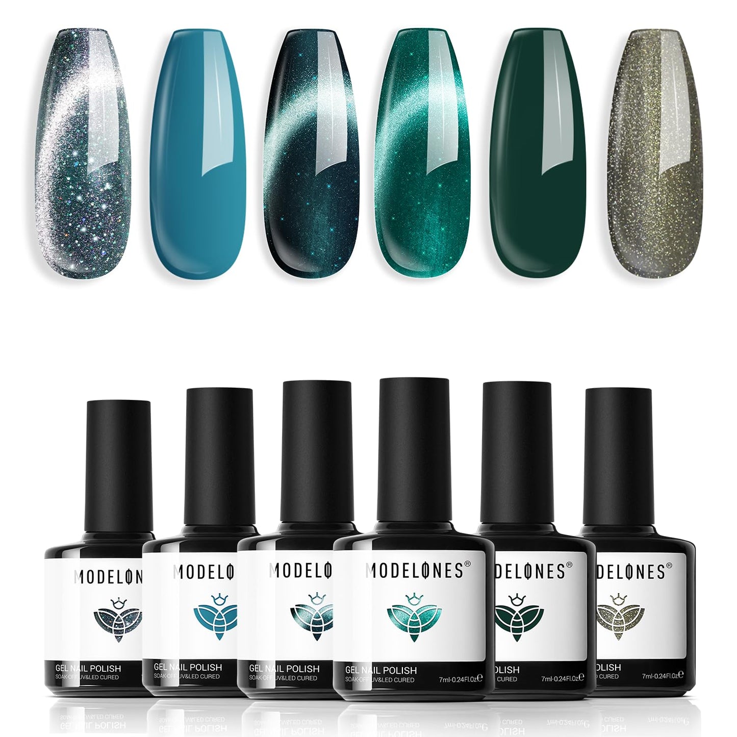 modelones Gel Nail Polish Set, 6 Colors Fall Winter Blue Green Cat Eye Collection 9D Gel Polish Sparkle Reflective Glitter Nail Polish with Magnet Soak Off LED Nail Art Kit DIY