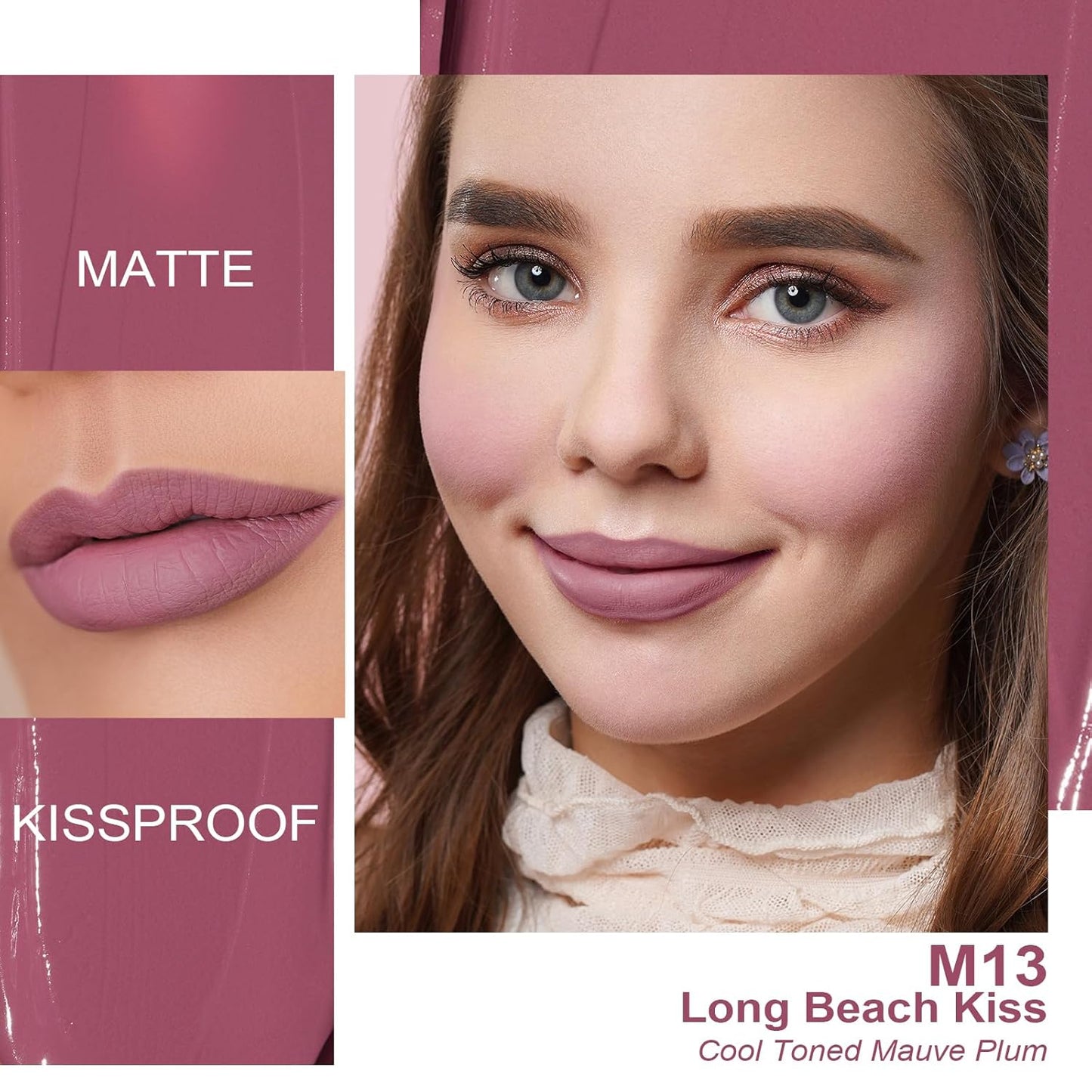 Oulac Matte Liquid Lipstick Mauve Pink Lip Gloss for Women, Long Lasting Lipstick Waterproof, No Transfer, Creamy High Pigmented Formula with Rose Oil, Vegan & Cruelty-Free, M13