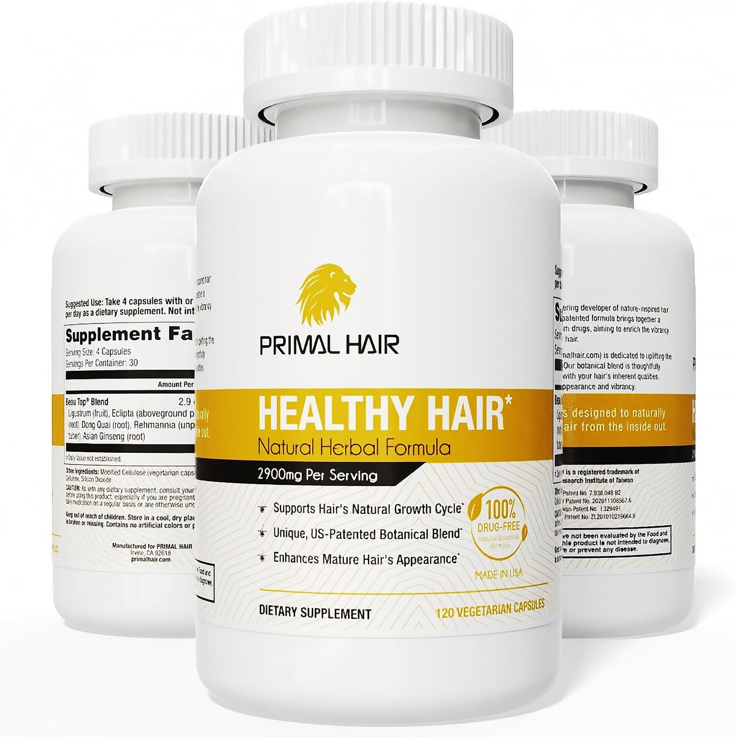 3 PK- 100% Natural Growth Treatment, Reduces Hair Loss, US Patented Formula Proven Effective for Men & Women, 100% Vegan, Non-GMO, 90-Day Supply, 3 Pack