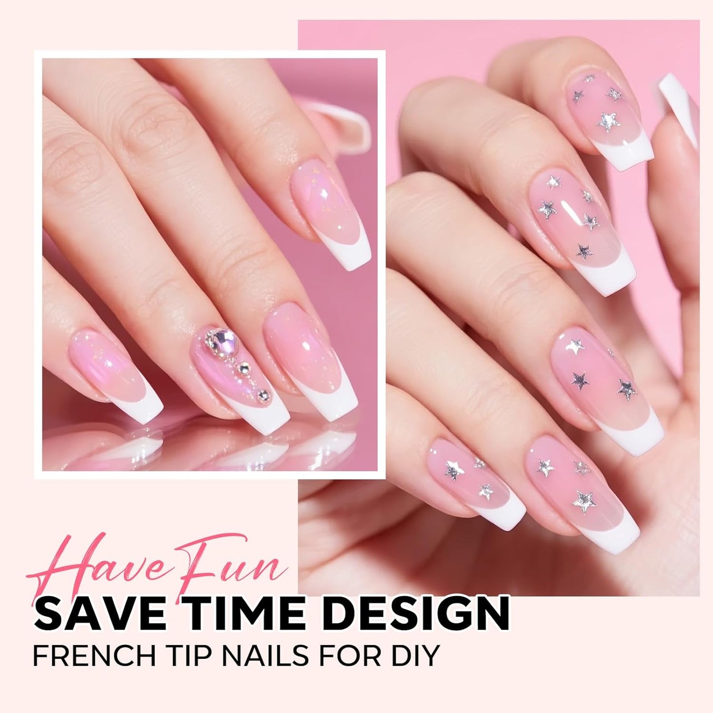 modelones French Tip Press on Nails, 150Pcs Long Square Fake Nails with Nail Box, Pink & White Gel Nail Tips for Women, Soft Glue-On Nails for Natural Salon Look, DIY Nail Art Kit (15 Sizes)