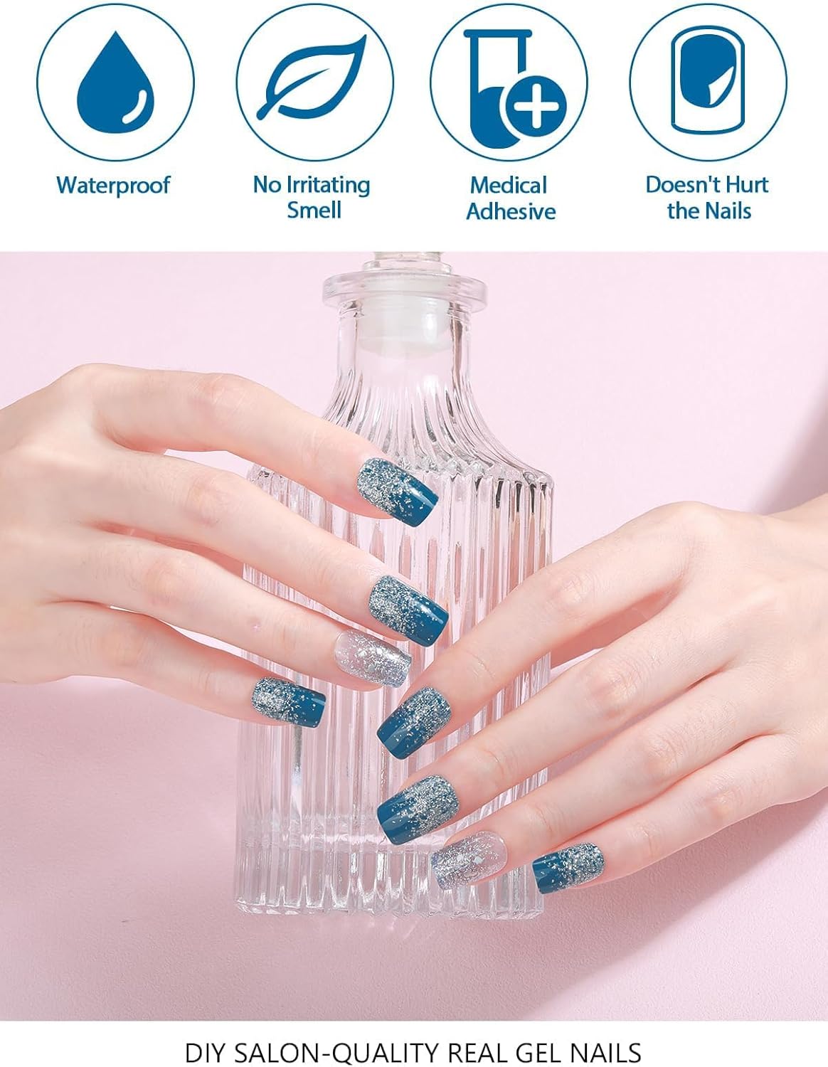 32PCS Semi-Cured Gel Nail Strips EBANKU Nail Polish Stickers Long-Lasting Semi-Cured Gel Nail Wraps Full Nail Polish Wraps Shiny Nail Decors Gel Nail Art Stickers UV/LED Lamp Required (Diamond Blue)