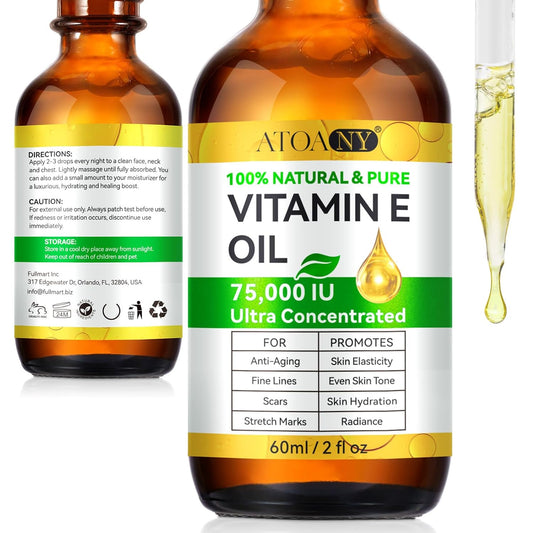 Vitamin E Oil, 75,000 IU Organic Pure Vitamin E Oil for Tightening Plump Skin, Reduce Fine Lines & Scars, Moisturizing Skin, Face & Full Body- 2Fl Oz