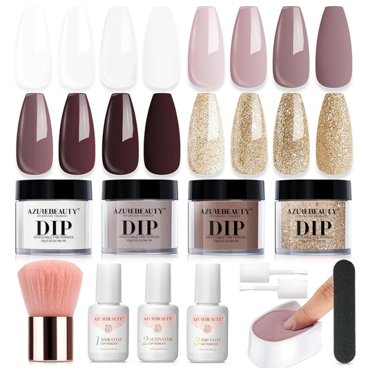 AZUREBEAUTY Dip Powder Nail Starter Kit White Mauve Glitter Champagne, Dipping Powder 4 Colors Set, French Nail Art Base Top Coat Activator Liquid Manicure DIY Salon 12 PCS